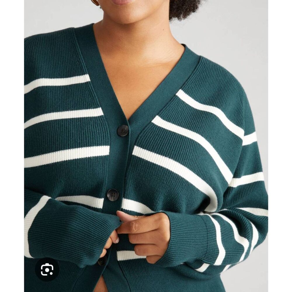 Universal Standard Better-Than-Wool Cardigan in Forest Green/Cream Stripe 18/20